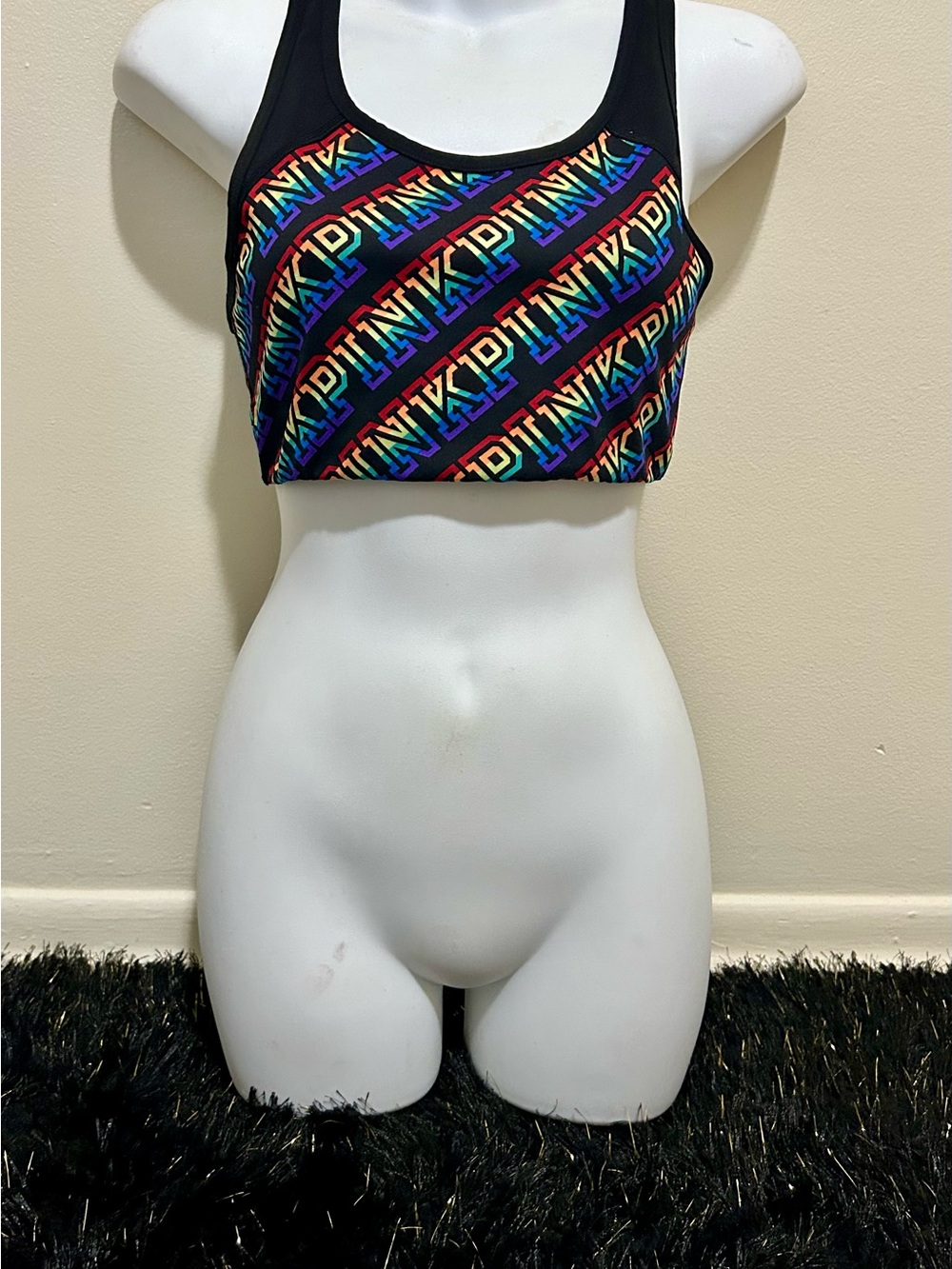 PINK Victoria's Secret Black Sports Bra with Rainbow Logo